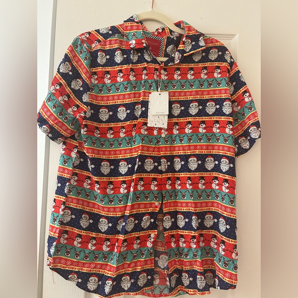 Denim & Flower Multicolor Holiday Print Button Down Shirt L Santa